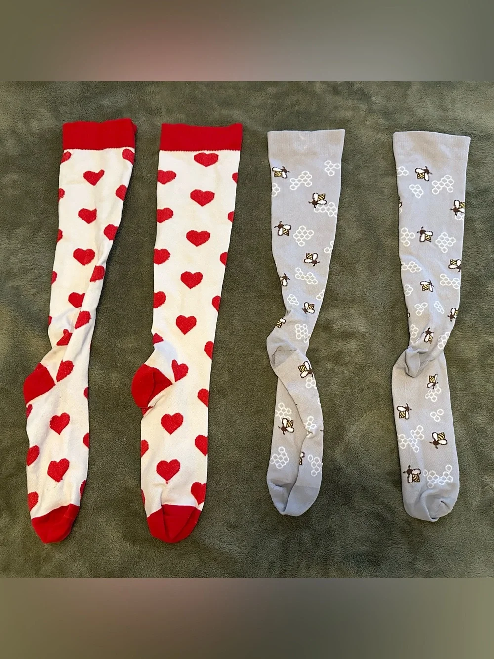 Two Pairs Compression Socks, Hearts & Bees